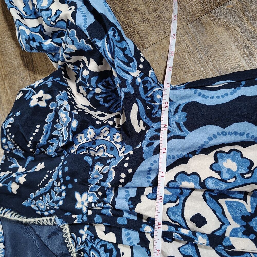 &Merci Boho Medallion Peasant Blouse Size L Tie Neck Blue Boutique - Picture 8 of 8
